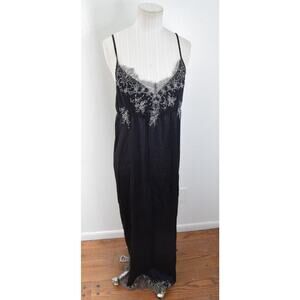 Pink Memories Slip Dress 100% Silk 40 Black Maxi Long Lace Trim Italy